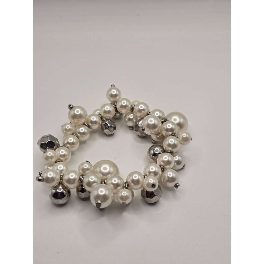 Faux Pearl Cluster Stretch Bracelet Silver Tone Mixed Bead Chunky Statement